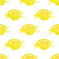 Seamless pattern with fresh bright lemon juice splash burst isolated on white background. Summer fruit juice. Cartoon style. Vector illustration for any design.