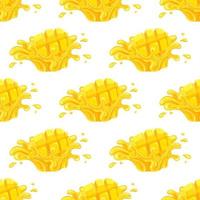 Seamless pattern with fresh bright mango juice splash burst isolated on white background. Summer fruit juice. Cartoon style. Vector illustration for any design.