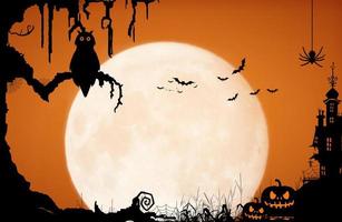 Halloween night background with moon, owl, spider, bat, pumpkin, castle and old tree. photo