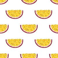 Seamless pattern with fresh bright exotic cut slice passion fruit on white background. Summer fruits for healthy lifestyle. Organic fruit. Cartoon style. Vector illustration for any design.