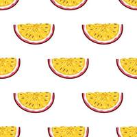 Seamless pattern with fresh bright exotic cut slice passion fruit on white background. Summer fruits for healthy lifestyle. Organic fruit. Cartoon style. Vector illustration for any design.