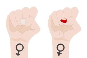 Gender Equality. Male and female, man and woman symbols. Raised fists. Symbol of Unity, Revolution, Protest, Cooperation and Solidarity. Vector Illustration isolated on white background.