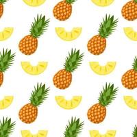 Seamless pattern with fresh whole and cut slices pineapple fruit with leaves on white background. Summer fruits for healthy lifestyle. Organic fruit. Cartoon style. Vector illustration for any design.