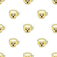 Seamless pattern with cup emoticons on white background. Kawaii doodle cups character with cute anime expressions. Vector illustration.