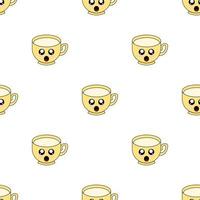 Seamless pattern with cup emoticons on white background. Kawaii doodle cups character with cute anime expressions. Vector illustration.