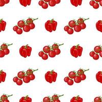 Seamless pattern with fresh cherry tomato and bell pepper vegetables. Organic food. Cartoon style. Vector illustration for design, web, wrapping paper, fabric, wallpaper.