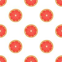 Seamless pattern with fresh bright exotic half cut grapefruit isolated on white background. Summer fruits for healthy lifestyle. Organic fruit. Cartoon style. Vector illustration for any design.