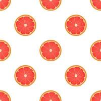 Seamless pattern with fresh bright exotic half cut grapefruit isolated on white background. Summer fruits for healthy lifestyle. Organic fruit. Cartoon style. Vector illustration for any design.