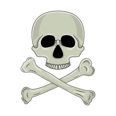 Skull and crossed bones isolated on white background. Cartoon human skull. Vector illustration for any design.
