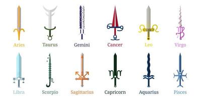 Set of 12 Zodiac Swords isolated on white background. Zodiacal Weapon Collection. Zodiac Sign. Flat Cartoon Zodiacal Weapon. Astrological, Horoscope Sign. Vector illustration for design, web