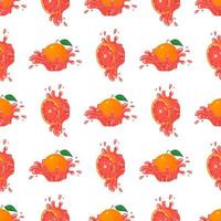 Seamless pattern with fresh bright grapefruit juice splash burst isolated on white background. Summer fruit juice. Cartoon style. Vector illustration for any design.