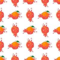 Seamless pattern with fresh bright grapefruit juice splash burst isolated on white background. Summer fruit juice. Cartoon style. Vector illustration for any design.