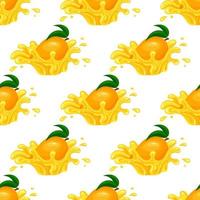 Seamless pattern with fresh bright mango juice splash burst isolated on white background. Summer fruit juice. Cartoon style. Vector illustration for any design.