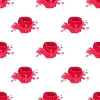 Seamless pattern with fresh bright raspberry juice splash burst isolated on white background. Summer fruit juice. Cartoon style. Vector illustration for any design.
