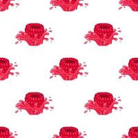 Seamless pattern with fresh bright raspberry juice splash burst isolated on white background. Summer fruit juice. Cartoon style. Vector illustration for any design.