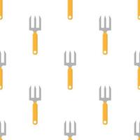 Seamless pattern with cartoon small pitchforks on white background. Gardening tool. Vector illustration for any design