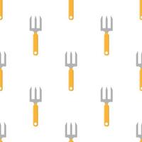 Seamless pattern with cartoon small pitchforks on white background. Gardening tool. Vector illustration for any design