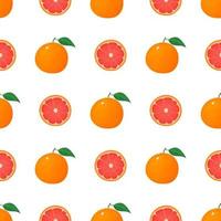 Seamless pattern with fresh bright exotic whole and half grapefruit isolated on white background. Summer fruits for healthy lifestyle. Organic fruit. Cartoon style. Vector illustration for any design.