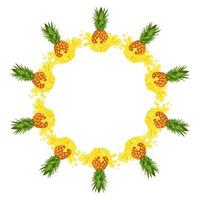 Wreath from pineapple juice splash with space for text. Cartoon organic sweet food. Summer fruits for healthy lifestyle. Vector illustration for any design.