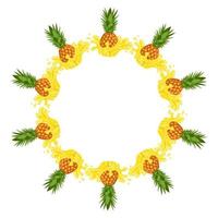 Wreath from pineapple juice splash with space for text. Cartoon organic sweet food. Summer fruits for healthy lifestyle. Vector illustration for any design.