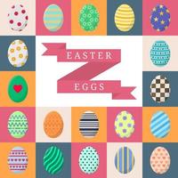 Set of Easter Eggs. Different Colorful Eggs with Stripes, Dots, Hearts and Patterns in White, Pink, Orange and Grey Squares. For Greeting Cards, Invitations. Vector illustration in Flat Design.