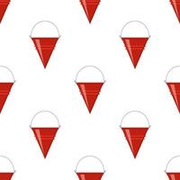 Seamless pattern with fire bucket. Red metal cone bucket empty or with water for fire fighting on white background. Cartoon style. Vector illustration for any design.