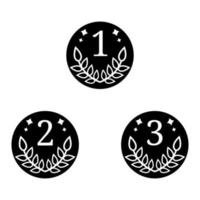 Quality signs. Coin icons isolated on white background. First, second, third places. Black silhouette of winner symbol. Clean and modern vector illustration for design, web.