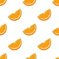 Seamless pattern with fresh cut slice orange fruit on white background. Tangerine. Organic fruit. Cartoon style. Vector illustration for design, web, wrapping paper, fabric, wallpaper.