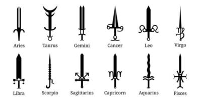 Set of 12 Zodiac Swords Icon. Zodiacal Weapon Collection Aries, Taurus, Gemini, Cancer, Leo, Virgo, Libra, Scorpio, Sagittarius, Capricorn, Aquarius, Pisces. Vector illustration for Your Design.