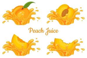 Fresh peach juice splash burst isolated on white background. Summer fruit juice. Cartoon style. Vector illustration for any design.