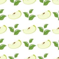 Seamless pattern with green slice apples and leaves on white background. Organic fruit. Cartoon style. Vector illustration for design, web, wrapping paper, fabric, wallpaper.