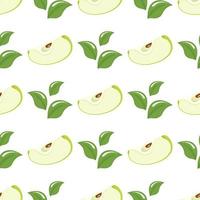 Seamless pattern with green slice apples and leaves on white background. Organic fruit. Cartoon style. Vector illustration for design, web, wrapping paper, fabric, wallpaper.