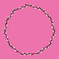 Circle Frame from Willow Branches on pink background with place for text. Wedding Decorations, Invitations. Vector illustration for Your Design, Web.