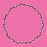 Circle Frame from Willow Branches on pink background with place for text. Wedding Decorations, Invitations. Vector illustration for Your Design, Web.