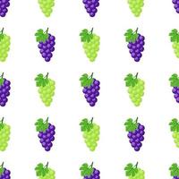 Seamless pattern with purple and green grapes on white background. Bunch of purple grapes with stem and leaf. Vector illustration for design, web, wrapping paper, fabric, wallpaper