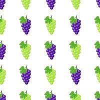 Seamless pattern with purple and green grapes on white background. Bunch of purple grapes with stem and leaf. Vector illustration for design, web, wrapping paper, fabric, wallpaper