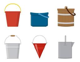 Set of wooden buckets and bucketful plastic empty or with water for gardening isolated on white background. Cartoon style. Vector illustration for any design.