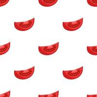 Seamless pattern with fresh slice of red tomato vegetable isolated on white background. Organic food. Cartoon style. Vector illustration for design, web, wrapping paper, fabric, wallpaper.