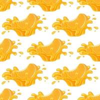 Seamless pattern with fresh bright orange, mandarin or tagerine juice splash burst isolated on white background. Summer fruit juice. Cartoon style. Vector illustration for any design.