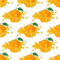 Seamless pattern with fresh bright orange, mandarin or tagerine juice splash burst isolated on white background. Summer fruit juice. Cartoon style. Vector illustration for any design.