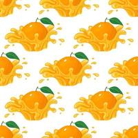 Seamless pattern with fresh bright orange, mandarin or tagerine juice splash burst isolated on white background. Summer fruit juice. Cartoon style. Vector illustration for any design.