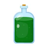 Magic potion in bottle with green liquid isolated on white background. Chemical or alchemy elixir. Vector illustration for any design.