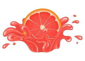 Fresh bright half cut grapefruit juice splash burst isolated on white background. Summer fruit juice. Cartoon style. Vector illustration for any design.