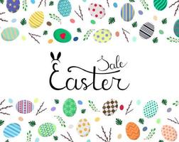 Calligraphy Lettering Easter Sale Inscription. Easter Template with Easter Eggs, Willow Branches, Monstera Leaves. For Discount, Flyer, Brochure. Vector illustration for Your Design, Web.