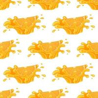 Seamless pattern with fresh bright orange, mandarin or tagerine juice splash burst isolated on white background. Summer fruit juice. Cartoon style. Vector illustration for any design.