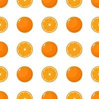 Seamless pattern with fresh whole and half orange fruit on white background. Tangerine. Organic fruit. Cartoon style. Vector illustration for design, web, wrapping paper, fabric, wallpaper.
