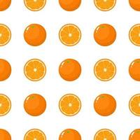 Seamless pattern with fresh whole and half orange fruit on white background. Tangerine. Organic fruit. Cartoon style. Vector illustration for design, web, wrapping paper, fabric, wallpaper.