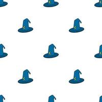 Seamless pattern with wizard hat on white background. Blue hat with moon sign. Vector illustration for design, web, wrapping paper, fabric, wallpaper.