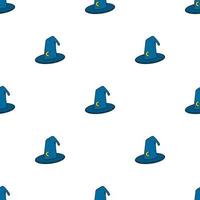 Seamless pattern with wizard hat on white background. Blue hat with moon sign. Vector illustration for design, web, wrapping paper, fabric, wallpaper.