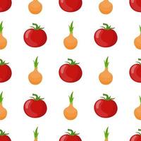 Seamless pattern with fresh tomato and onion vegetables. Organic food. Cartoon style. Vector illustration for design, web, wrapping paper, fabric, wallpaper.